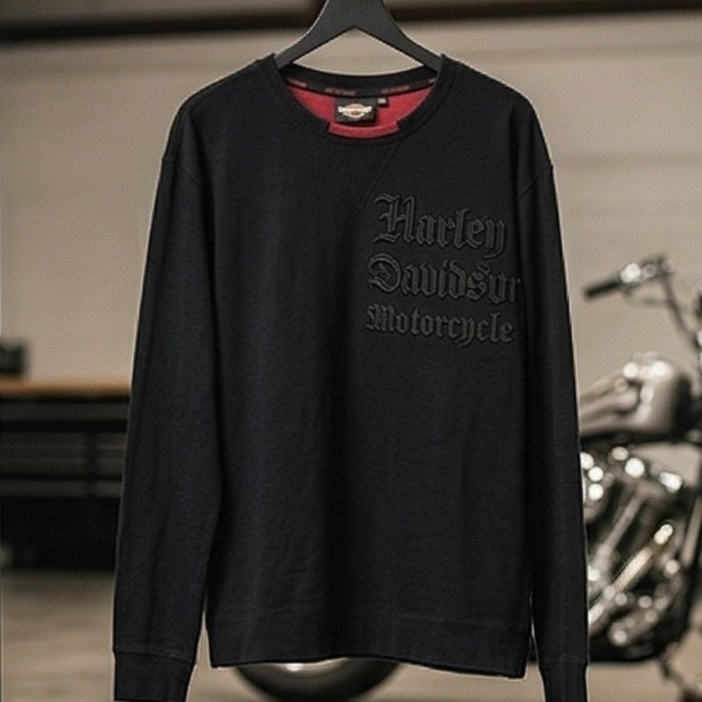 Harley‎ Davidson Mens 2XL Black Embroidered Gothic Logo Long Sleeve T-Shirt